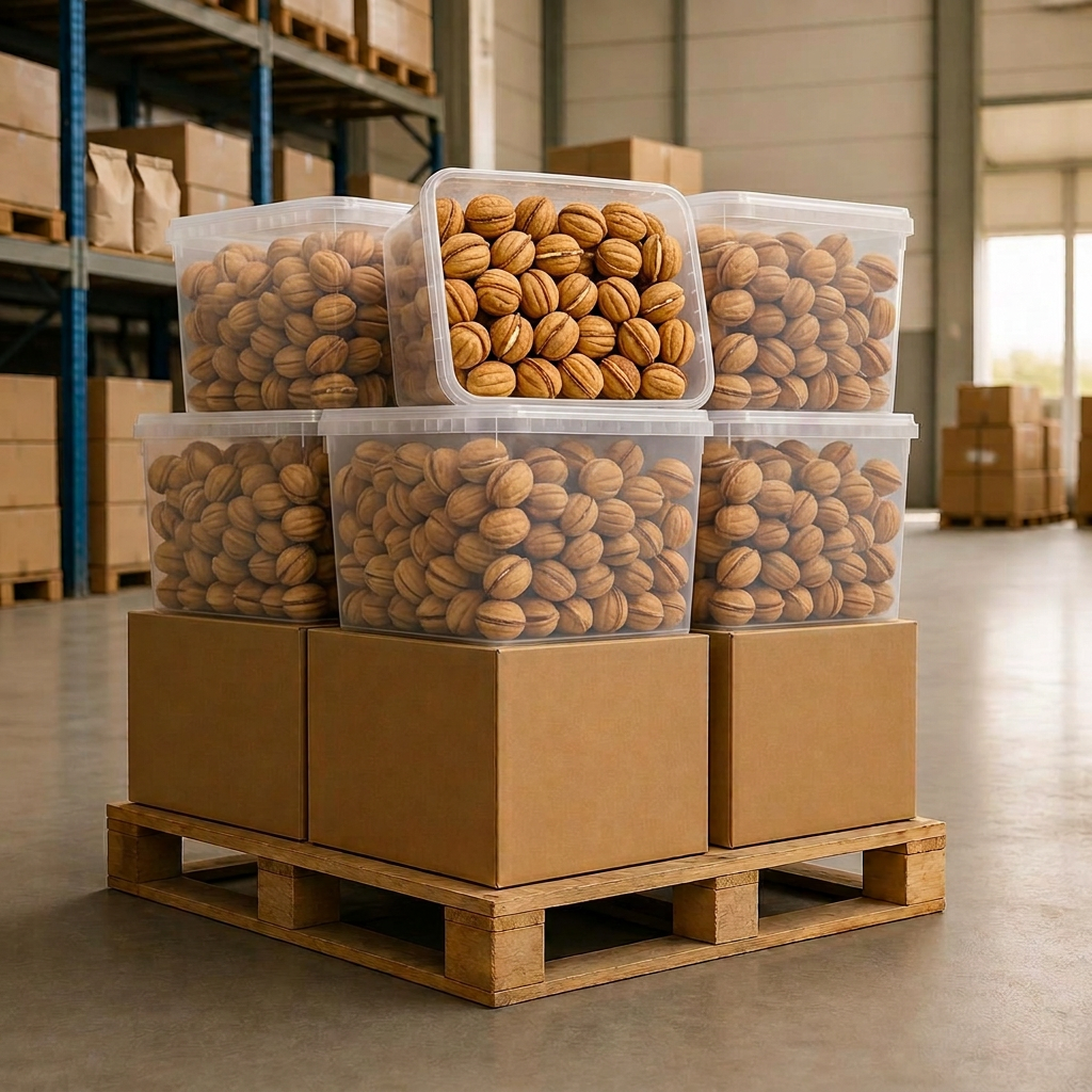Unlabelled transport boxes prepared on a pallet for distribution