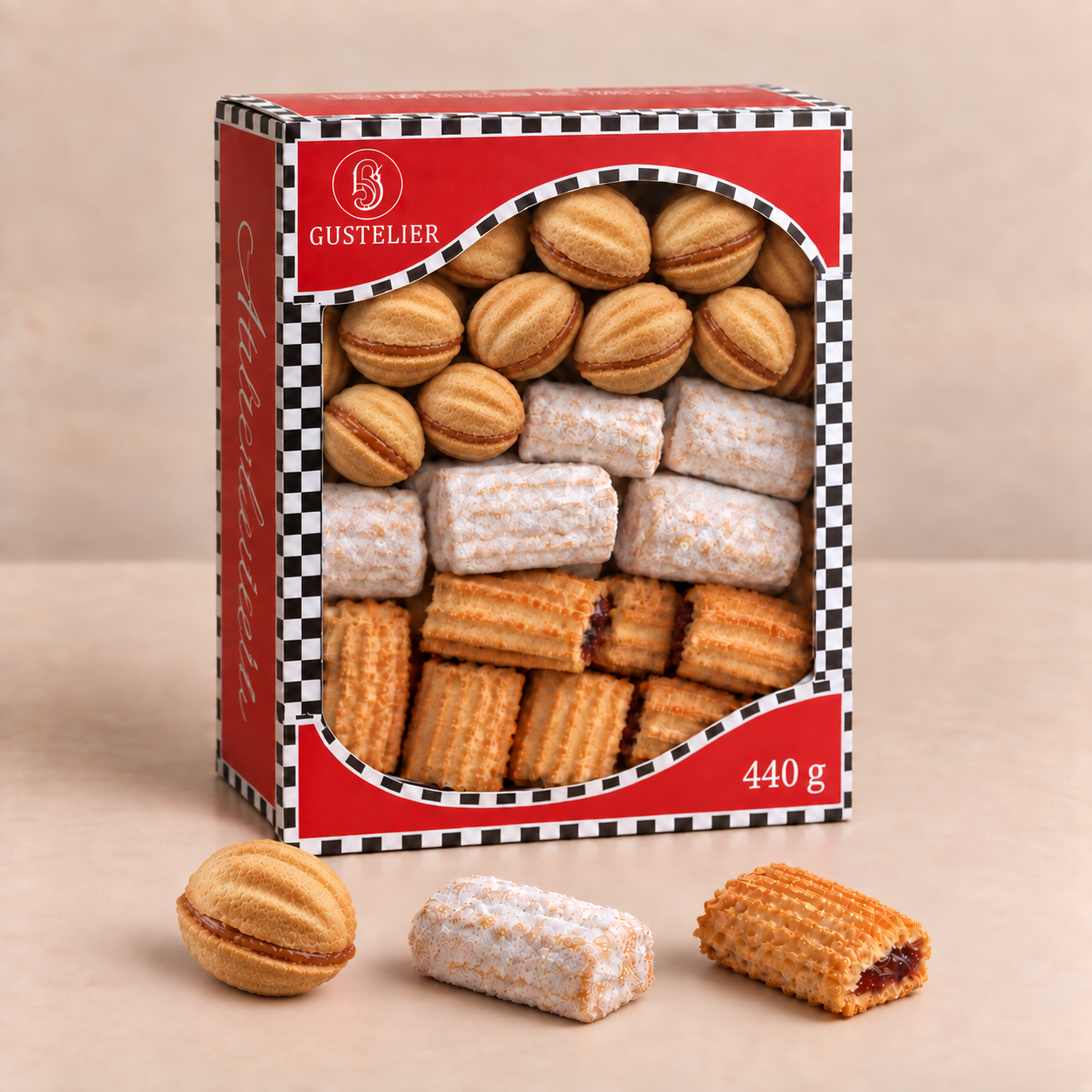 Mix of biscuits — Gustelier assorted walnut-shaped biscuits in branded packaging