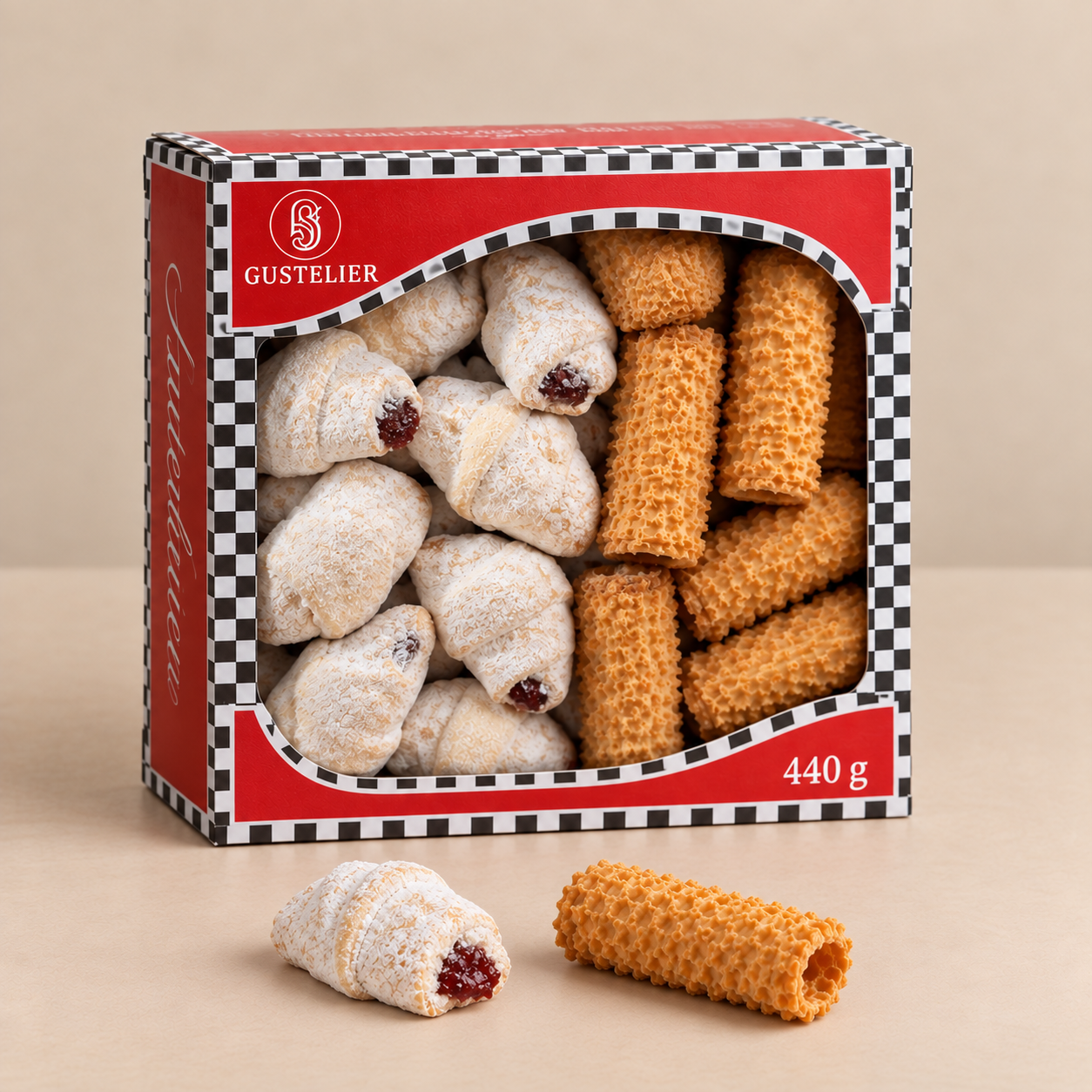 Mix of biscuits — Gustelier crescent and tube-shaped biscuits in branded packaging