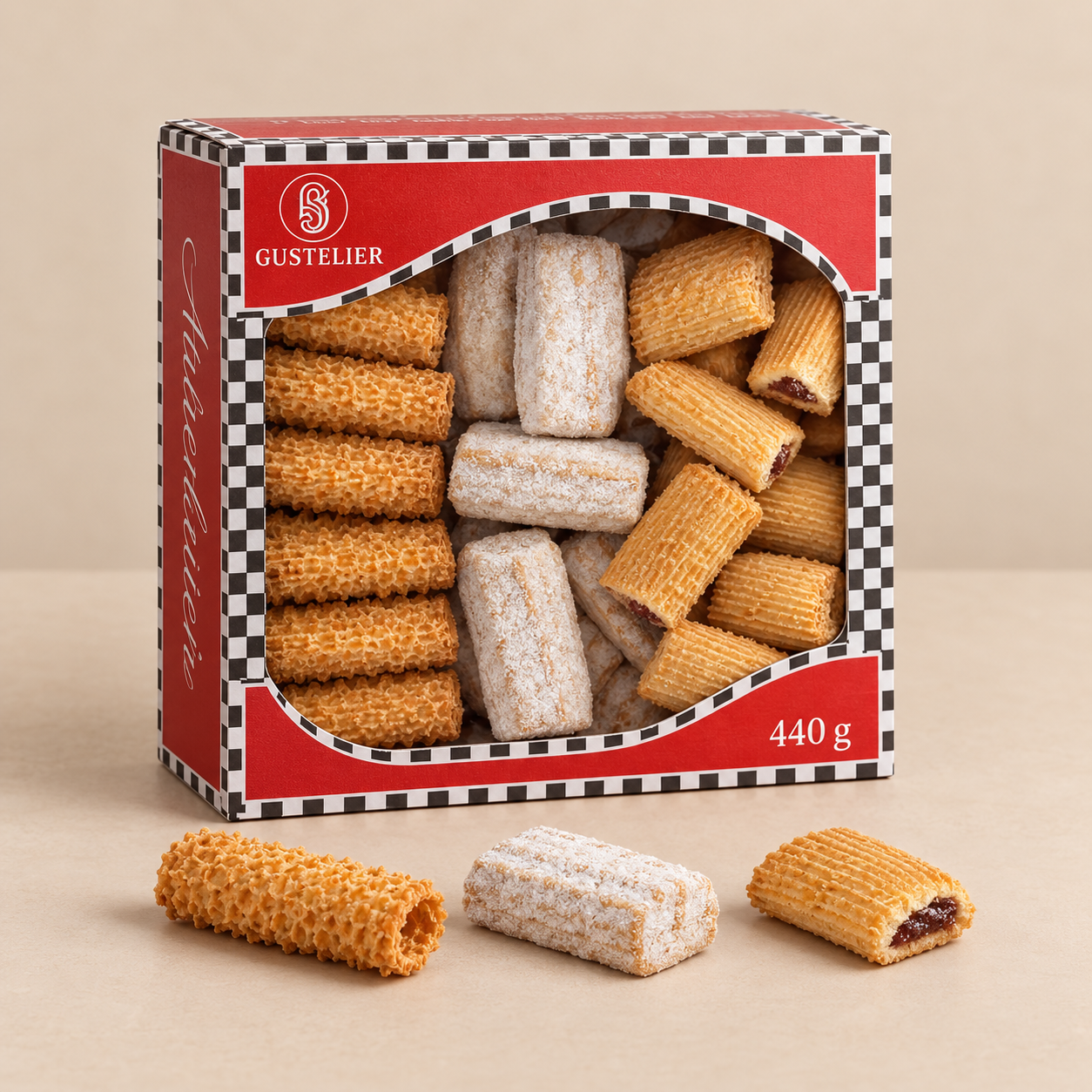 Mix of biscuits — Gustelier rectangular and tube-shaped biscuits in branded packaging