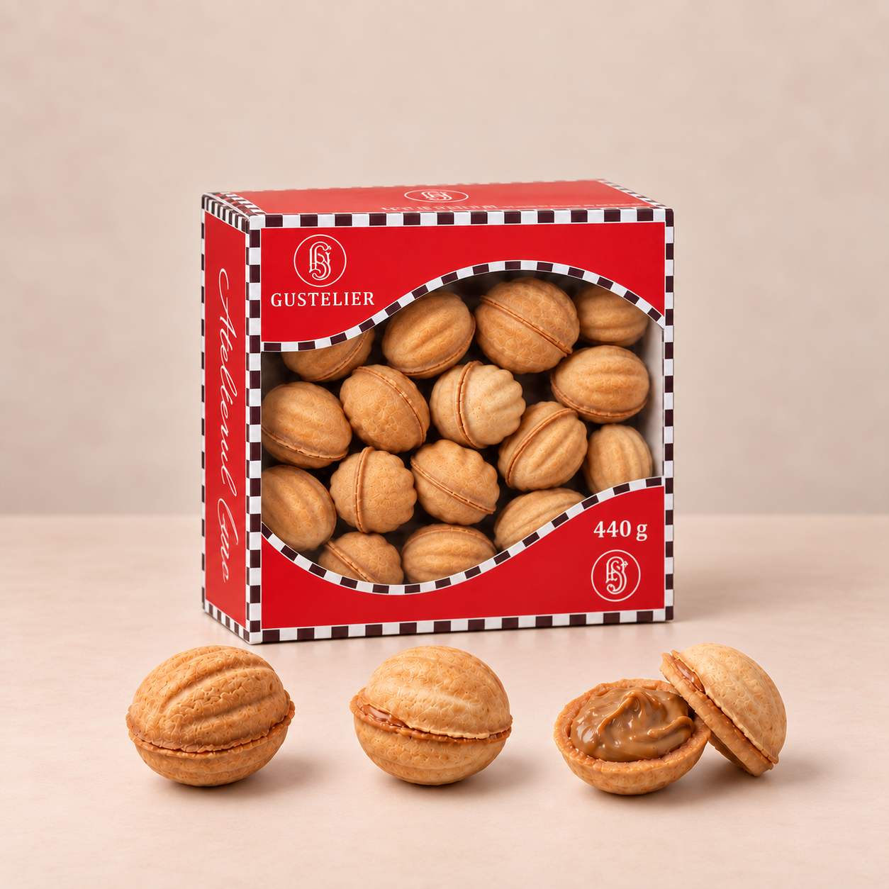 Nuts with condensed milk — Gustelier walnut-shaped biscuits with boiled condensed milk filling in branded packaging