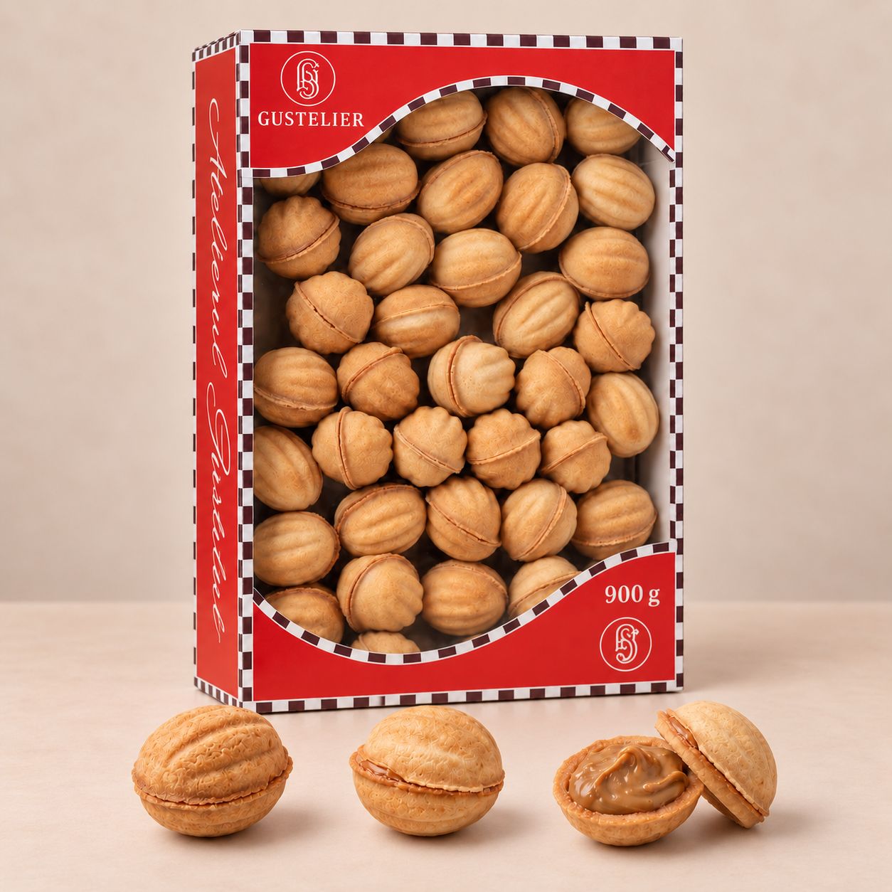 Nuts with condensed milk — Gustelier walnut-shaped biscuits with boiled condensed milk filling in branded packaging