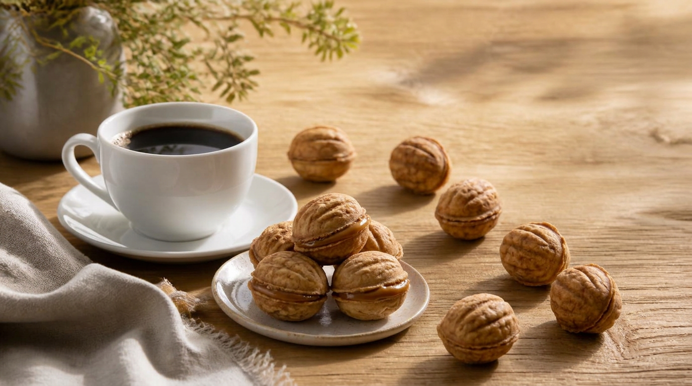 Coffee, walnut-shaped biscuits, and unbranded packaging on a wooden table in natural light