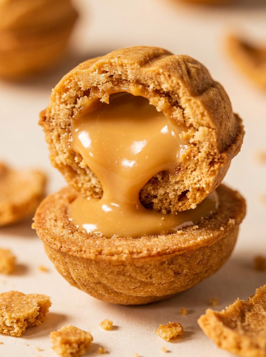 Close-up of a Gustelier walnut-shaped biscuit opened to reveal boiled condensed milk filling
