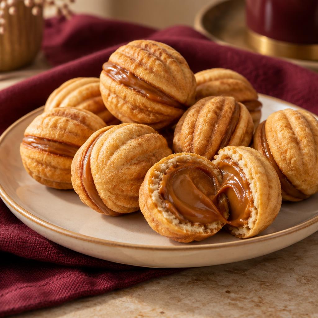 Gustelier walnut-shaped biscuits beside unbranded product packaging