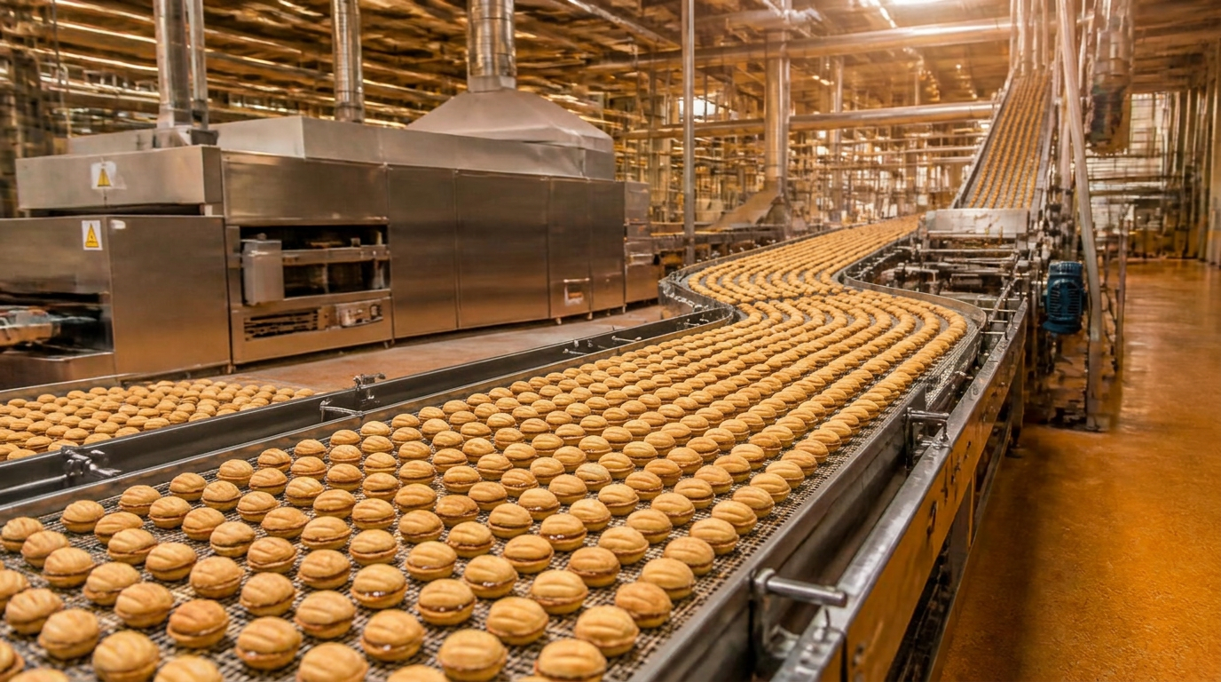 Walnut-shaped biscuits moving along the production line