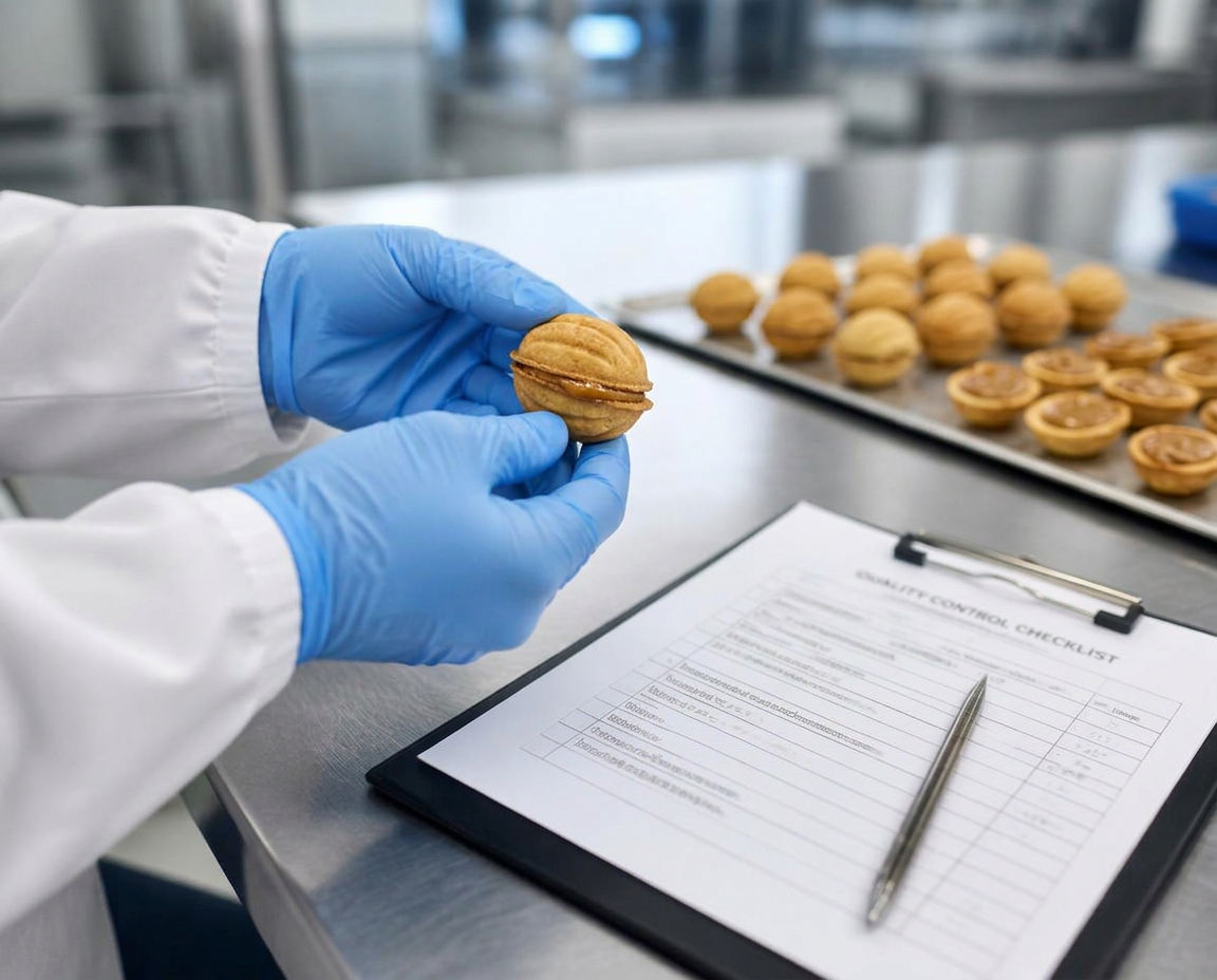 A walnut-shaped biscuit being inspected during production